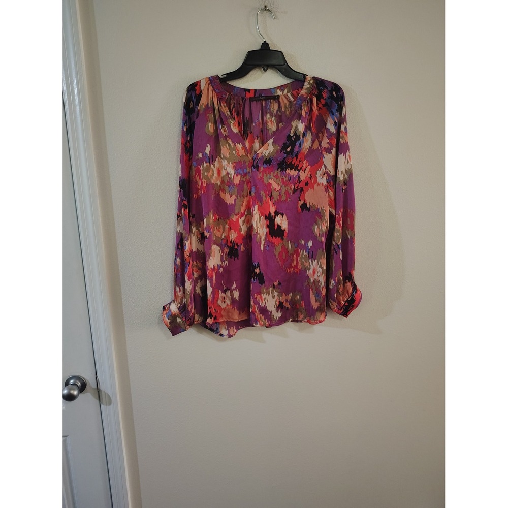 Hazel Womens Purple Abstract Ikat Print Long Sleeve Blouse Top Large